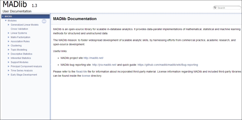 In-database analytics using MADlib