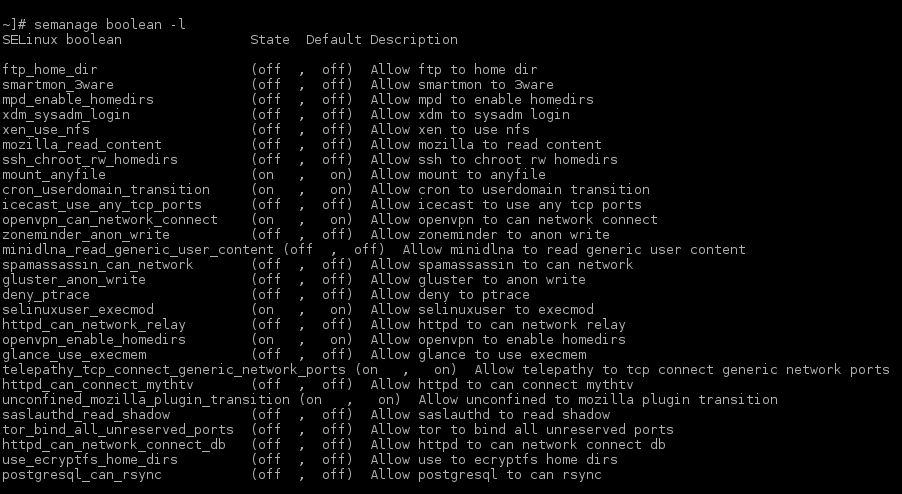 Listing SELinux booleans