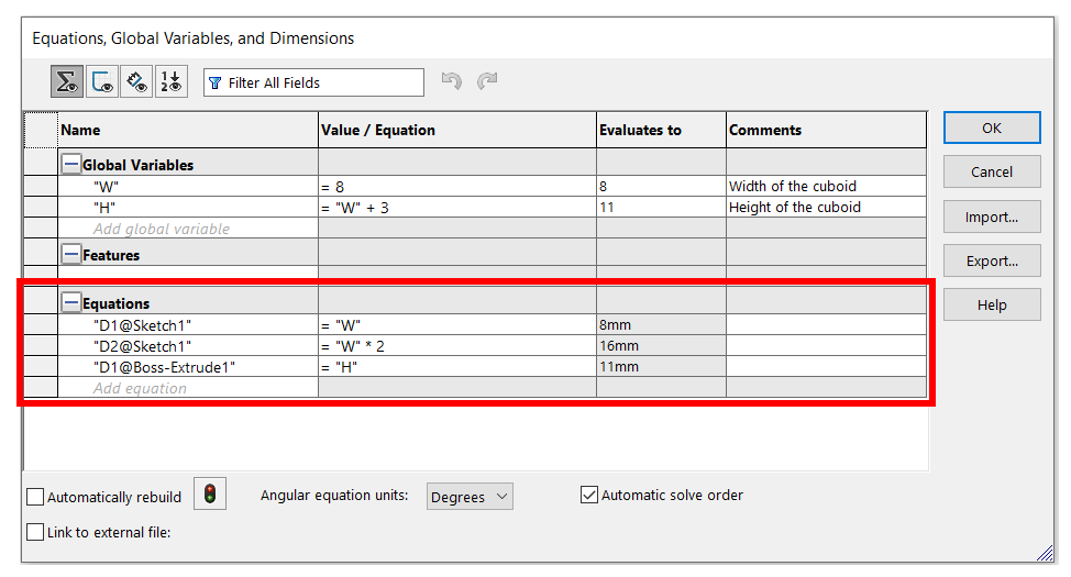 Equations within the equations manager - Learn SOLIDWORKS 2020 [Book]
