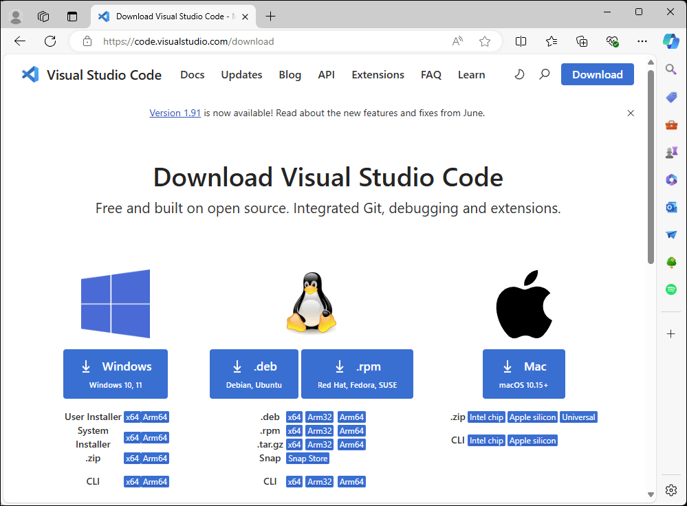 Visual Studio Code is available for popular operating systems.