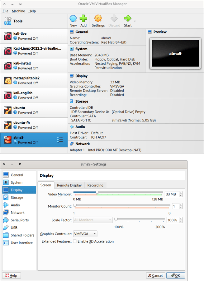 Overview of All Virtual Machines (Top) and Their Settings (Bottom)