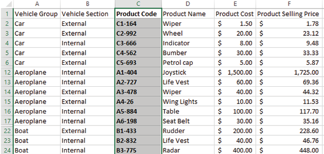 Displays a table of spare part codes with the the product code column selected