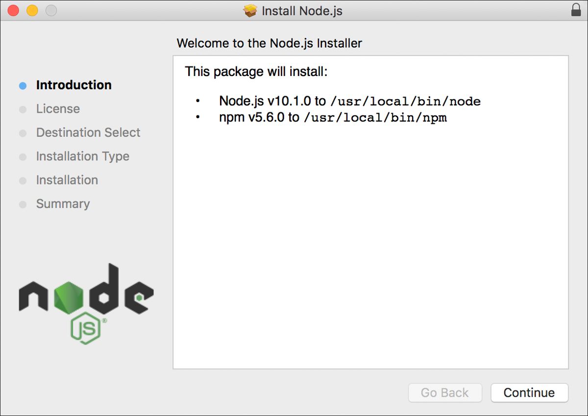 Node.js Installation on macOS: Welcome Dialog Box