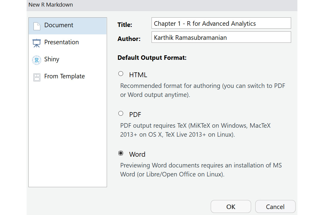 Figure 1.13: Creating a new R Markdown file in Rstudio
