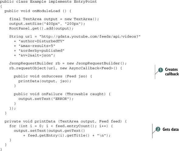 12.5. Using JSON with JS overlay - GWT in Action, Second Edition [Book]