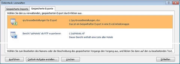Dieses (optisch verkürzte) Dialogfeld listet alle gespeicherten Exporte auf