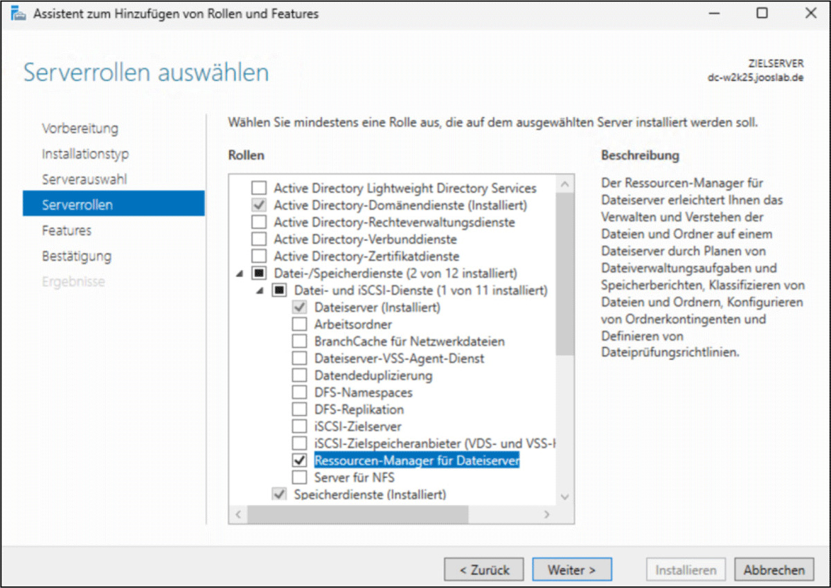 Serververwaltungsschnittstelle mit den verfügbaren Serverrollen.