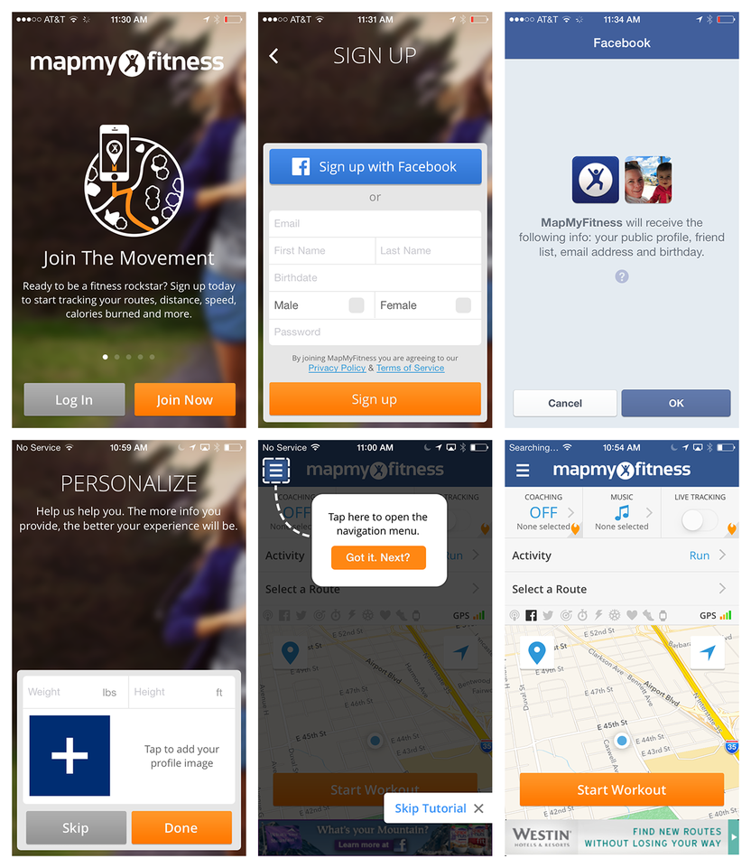 iOS版MapMyFitness。Facebookアカウントがあれば、登録やパーソナライズをスムーズに行える