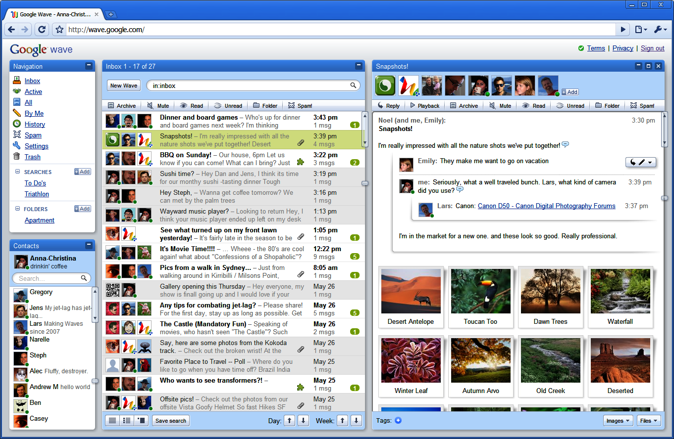 Screenshot of Google Wave interface from 2009, showing a list of conversations and a detailed view of a chat with shared photos, illustrating the platform’s real-time collaboration features.