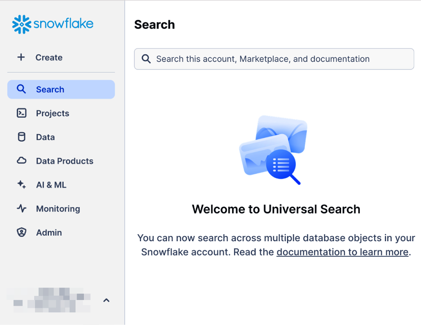 Snowsight interface showing the new Universal Search feature, which allows searching across multiple database objects in Snowflake accounts.