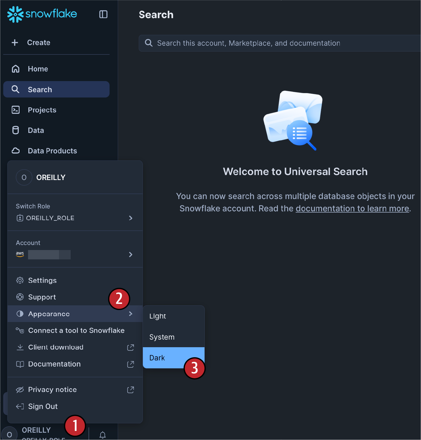 Snowsight interface shown in Dark mode with steps highlighted to switch from Light mode, featuring the sidebar and universal search options.
