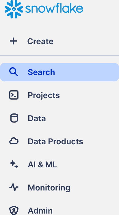 Snowsight sidebar displaying navigation options including Create, Search, Projects, Data, Data Products, AI & ML, Monitoring, and Admin.