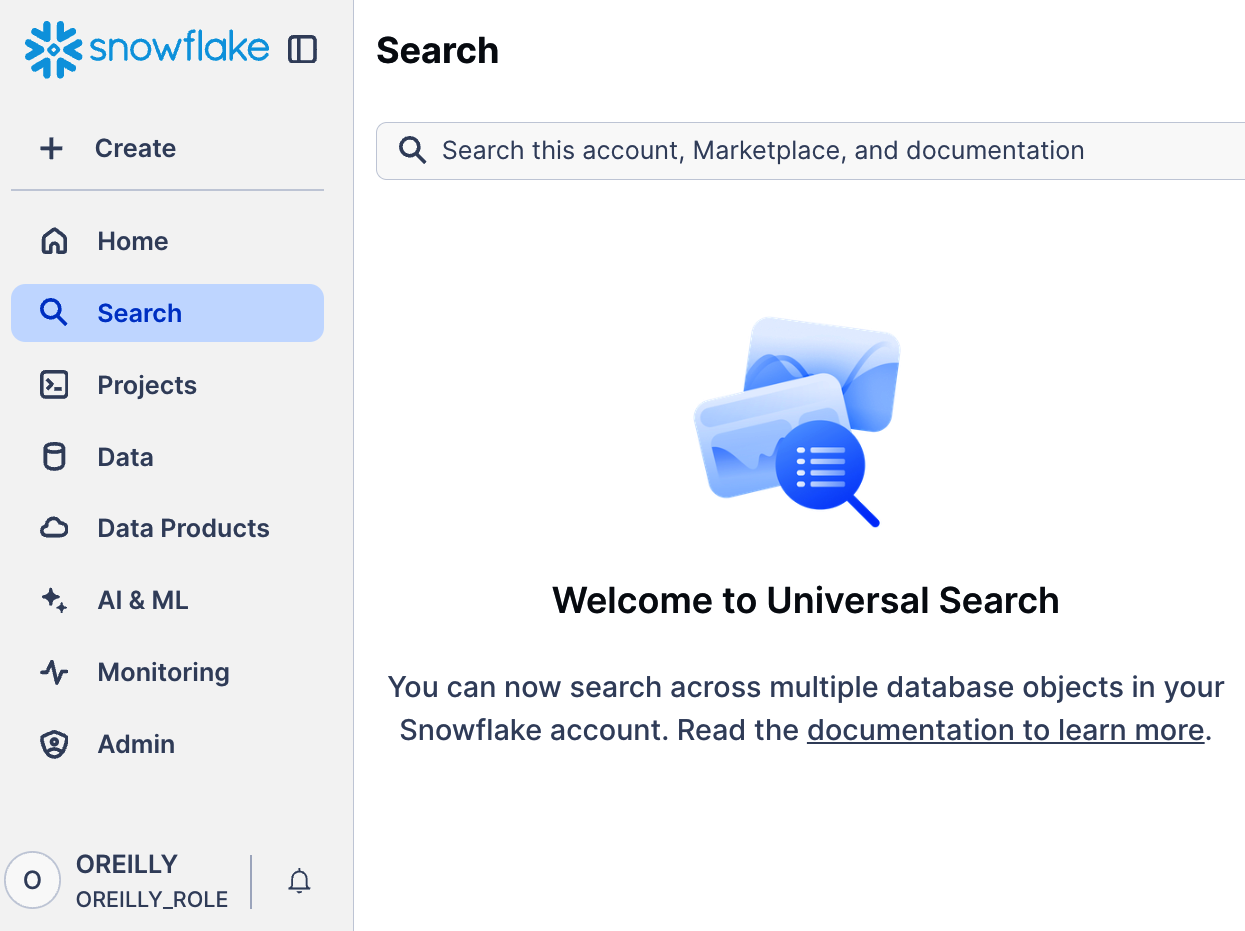 Snowflake interface with the Search tab open, highlighting the Universal Search feature for searching across various database objects and documentation.