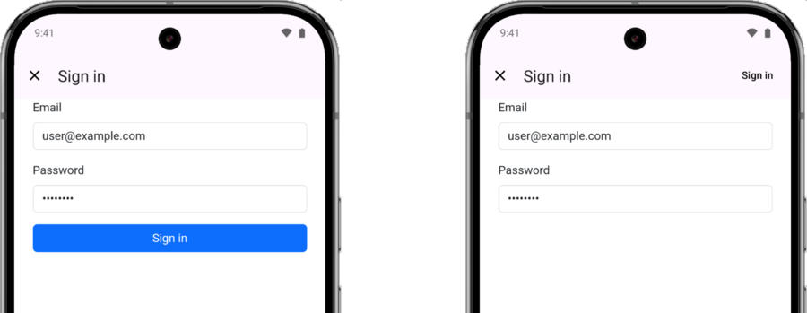 Two Android emulators showing the sign in form - the left with a submit button at the bottom of the web content and the right showing the button in the upper right of the screen.