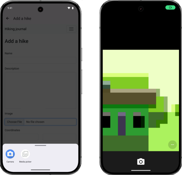 Two Android emulators - the left showing a dialog prompting where to select an image from and the right showing a representation of someone taking a selfie but with a pixelated robot image.