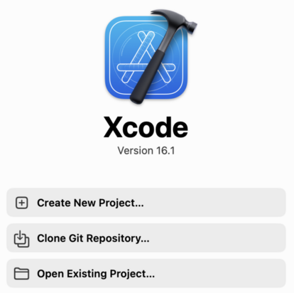 The welcome screen in Xcode with options to create a new project, clone a git repository, and open an existing project.
