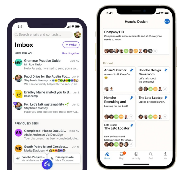 Two mobile devices showing the HEY app (an email client) and the Basecamp app (a project management tool).