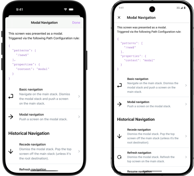 An iOS simulator on the left showing a modal that almost covers the entire screen with a Done button. An Android emulator showing a modal that only covers the bottom half of the screen.
