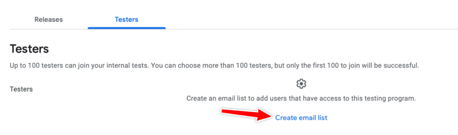 Google Play Console showing the Testers tab with a red arrow pointing to a link to create an email list.