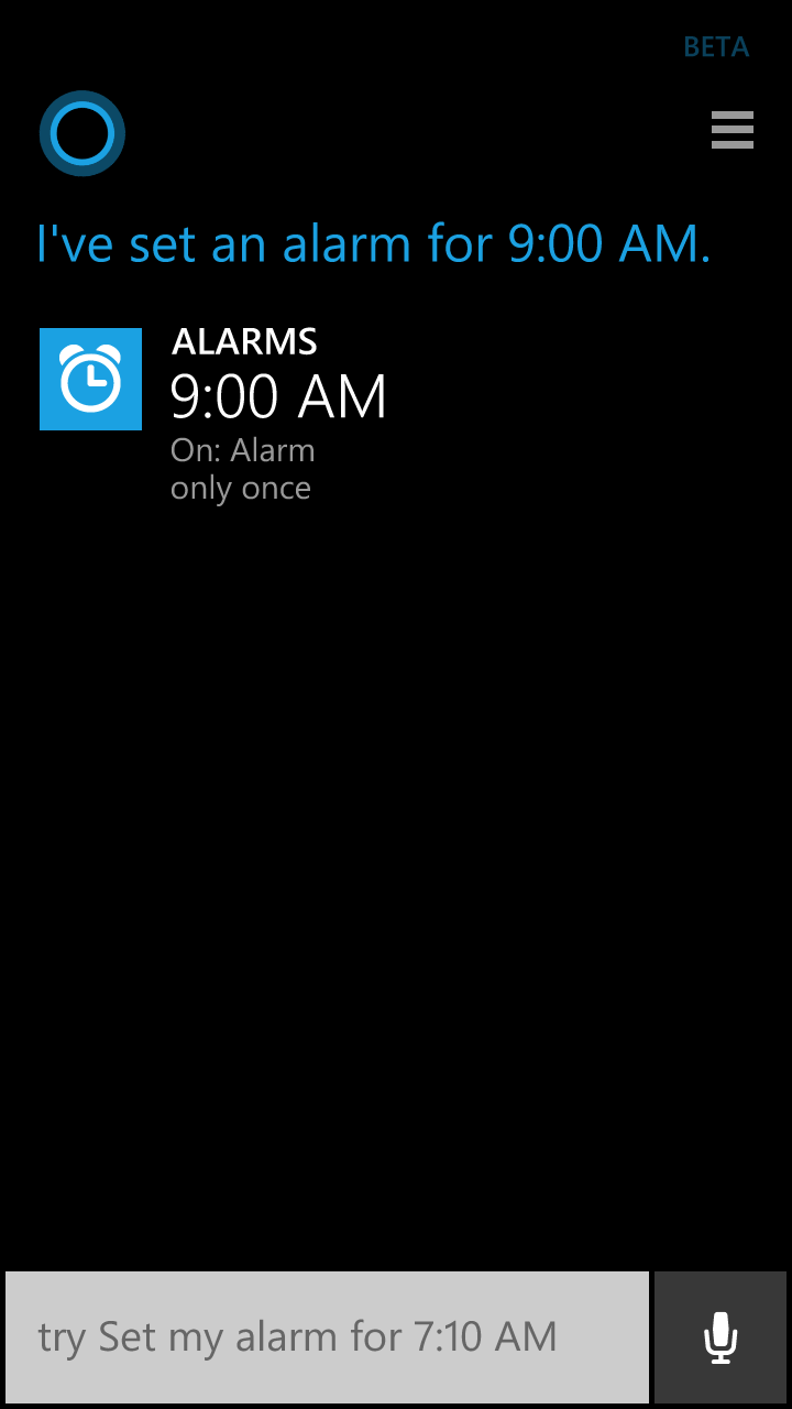 Cortana confirming voice-requested alarm
