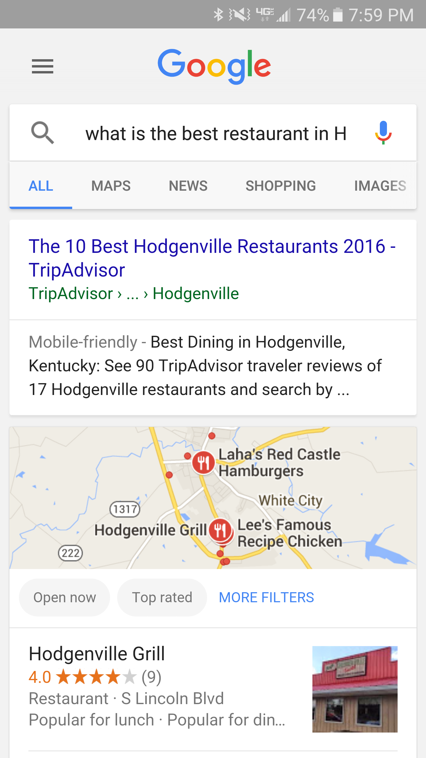 Google showing the best restaurants in the town Abraham Lincoln was born