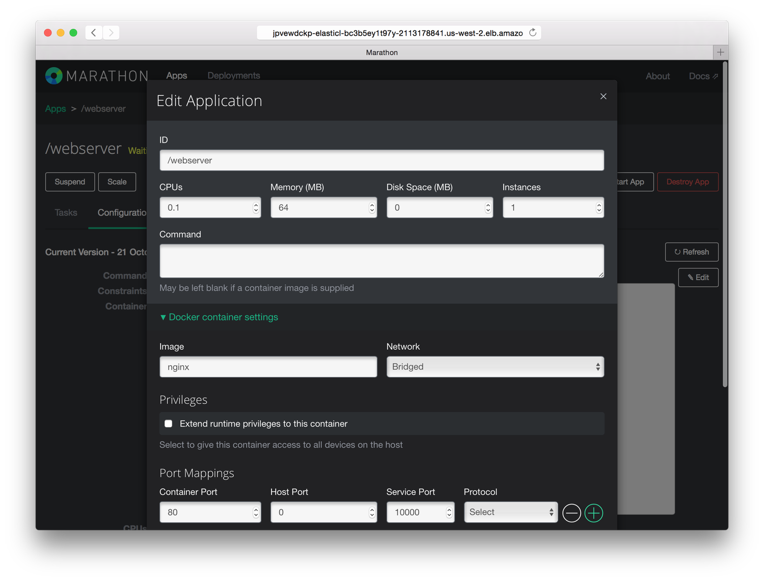 The Apache Mesos framework Marathon, launching an NGINX Docker image.