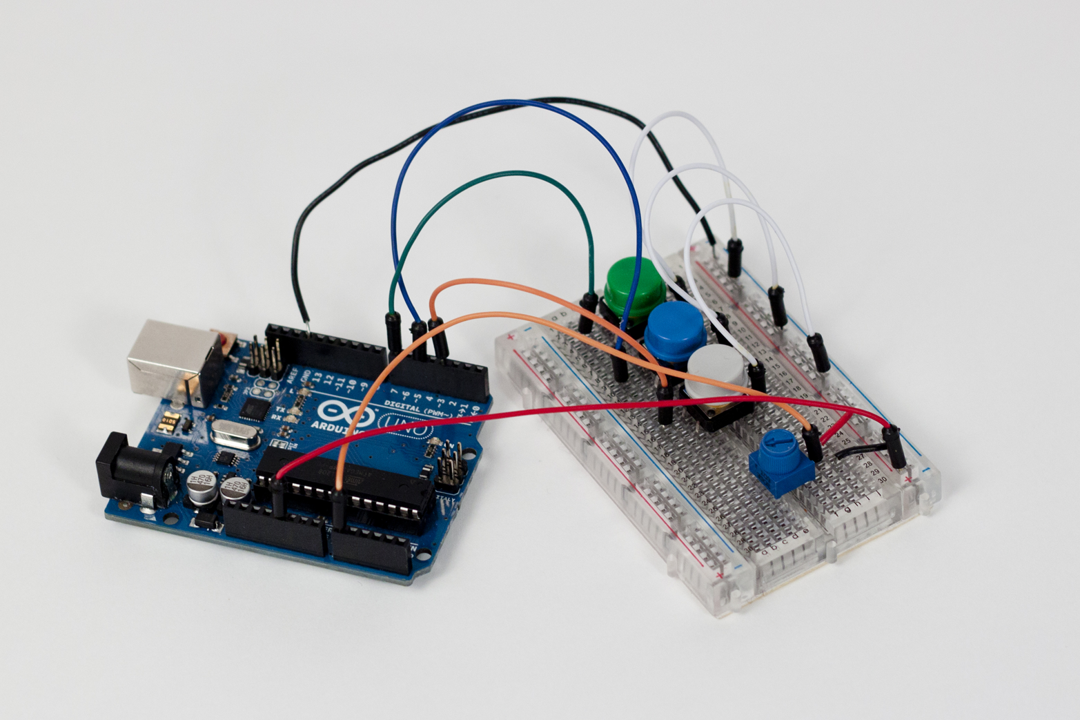 An Arduino Uno with a breadboard allows for making simple or complex circuits without soldering