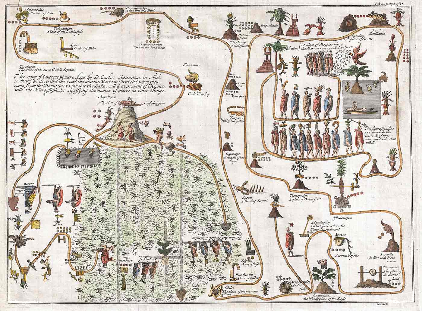 1704 Gemelli Map of the Aztec Migration from Aztlan to Chapultapec.