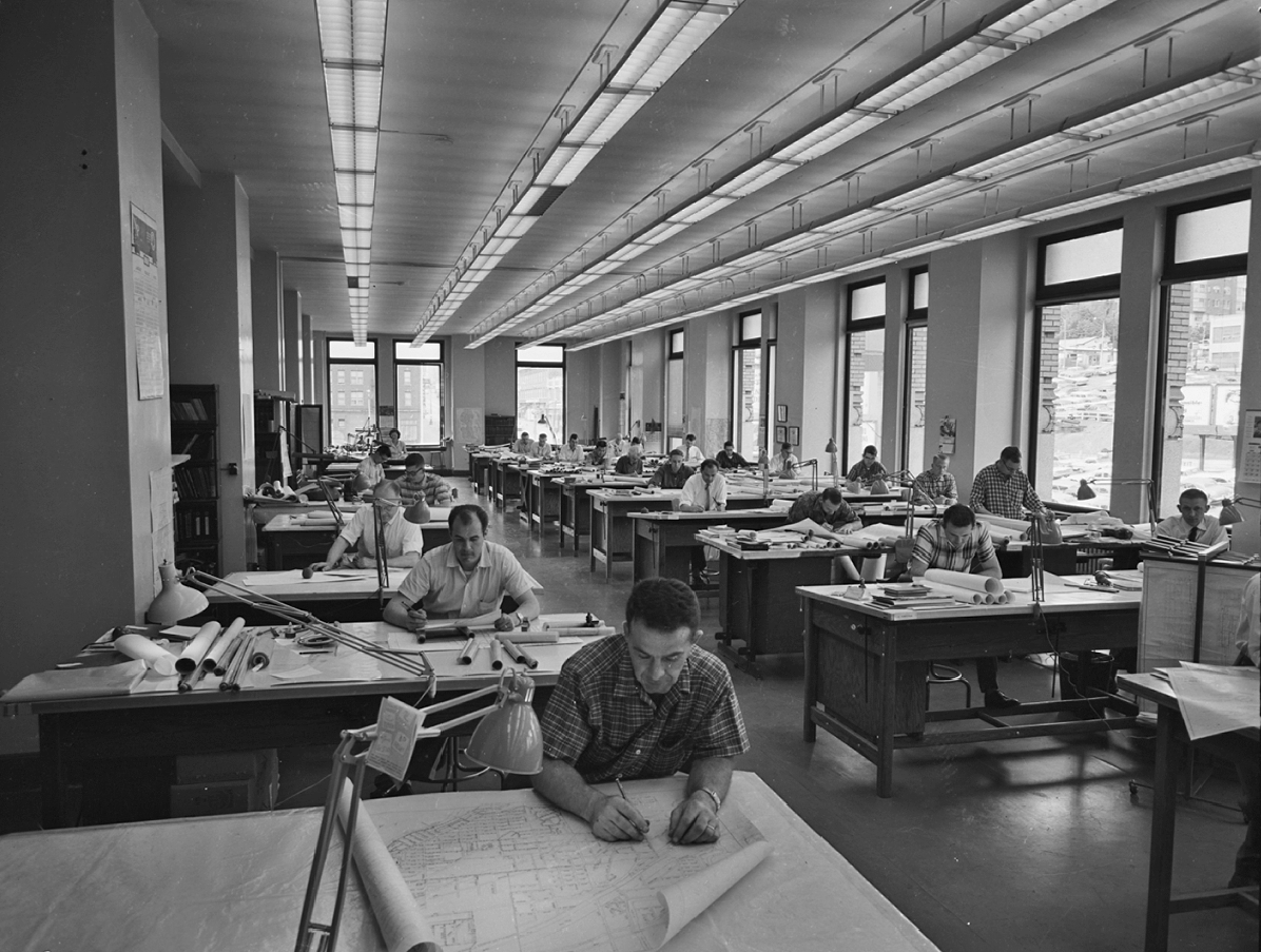 Engineers working on plans, 1959