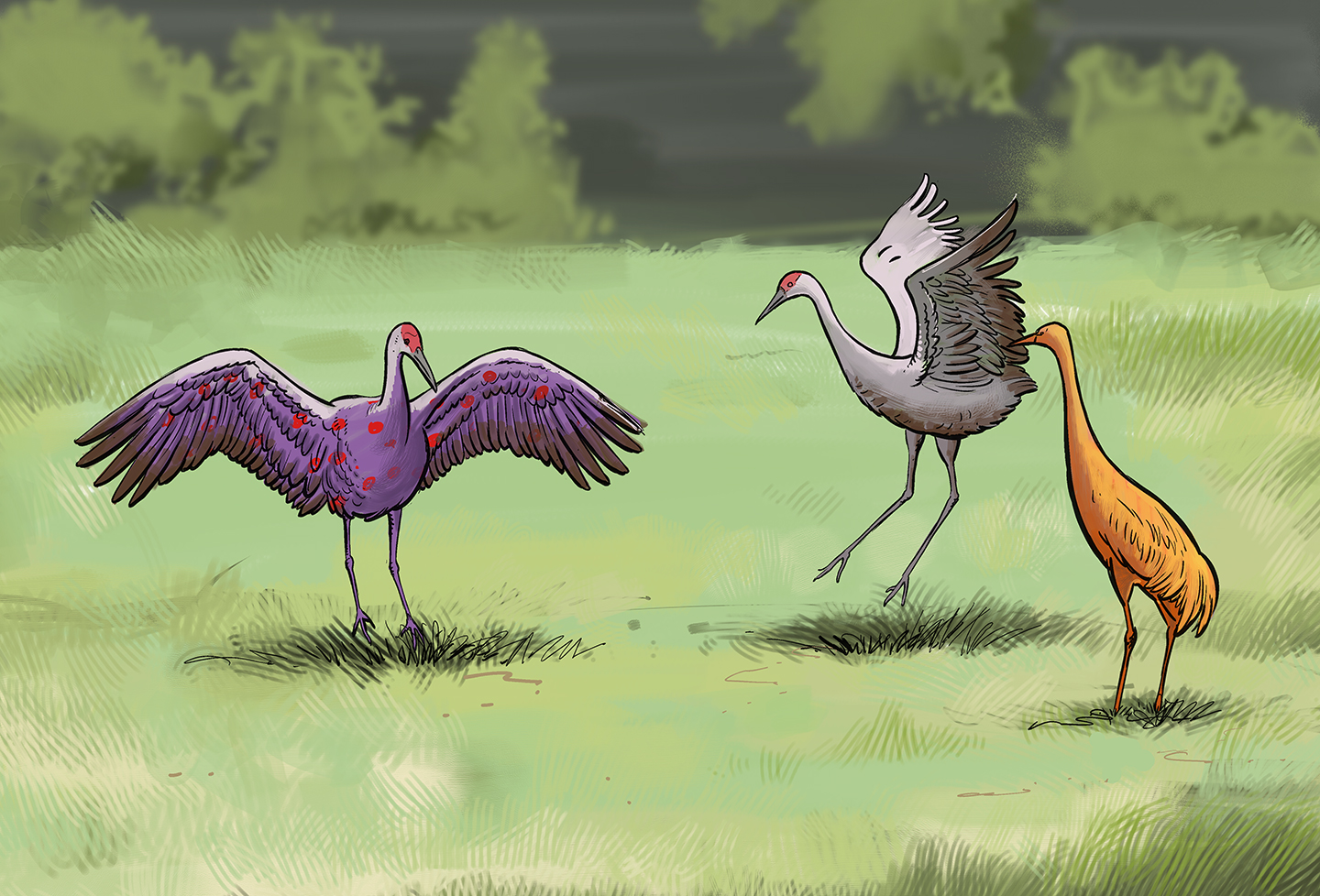 Three common cranes in a field, each a different color.
