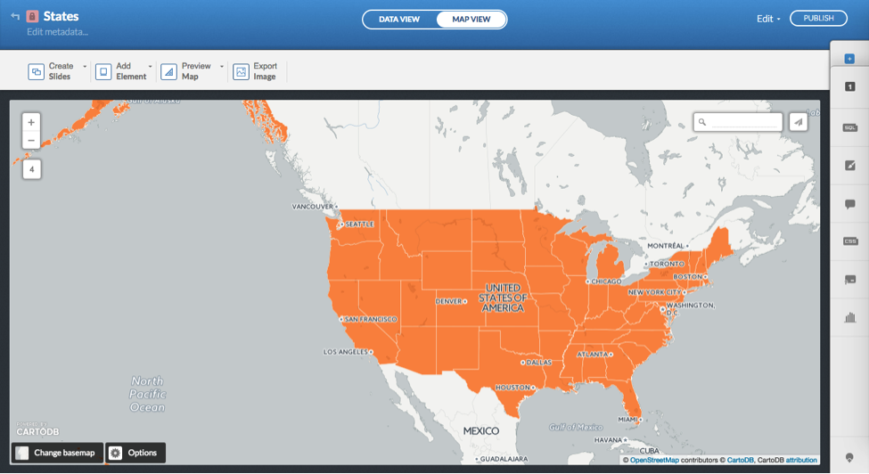 CARTO maps view of U.S. states data