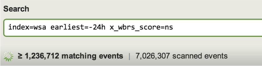 Huge volume of web proxy events; over 1 million events in 24 hours with no reputation score (x_wbrs_score)