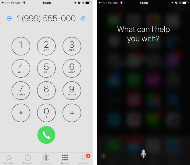 You can use buttons to make a call yourself (left) or ask Siri to dial for you (right)