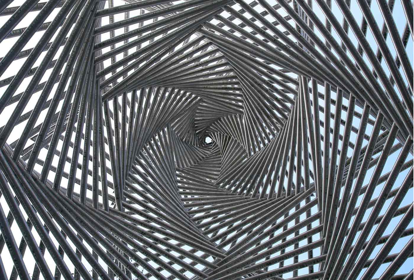 Sculpture at Platz der Synagoge as seen from the inside looking straight up. Göttingen, Germany.