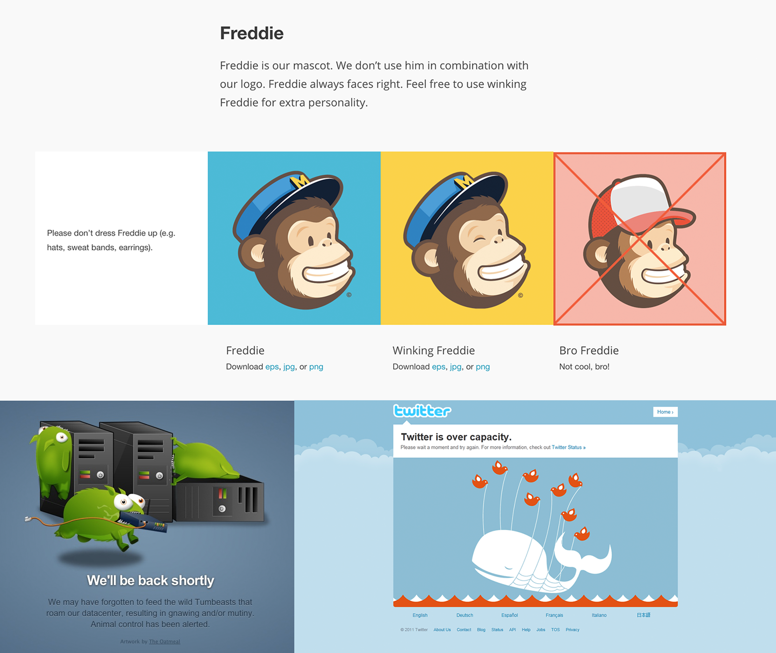Mailchimp's Freddie (top), Tumblr's Tumblebeasts (bottom left), and Twitter's fail whale (bottom right)