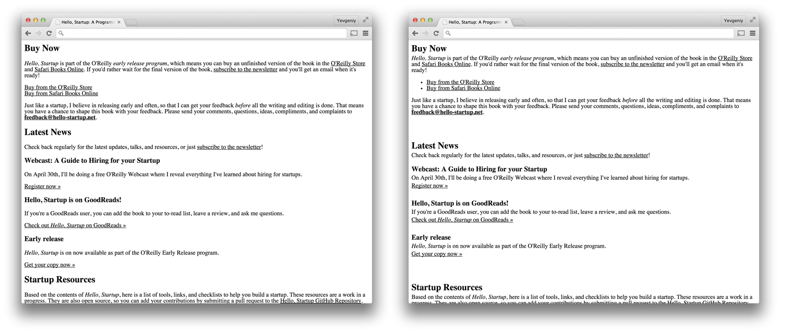 The original hello-startup.net design on the left, and the same design, but with better use of proximity on the right