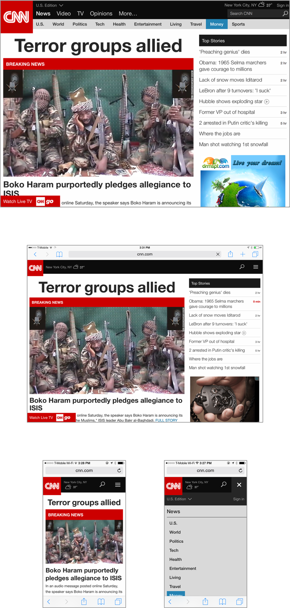 CNN’s website uses a responsive layout that adapts page elements to fit different screen sizes, while offering a coherent experience