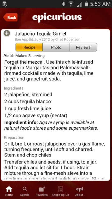 A recipe for the thirsty from the Epicurious Android app