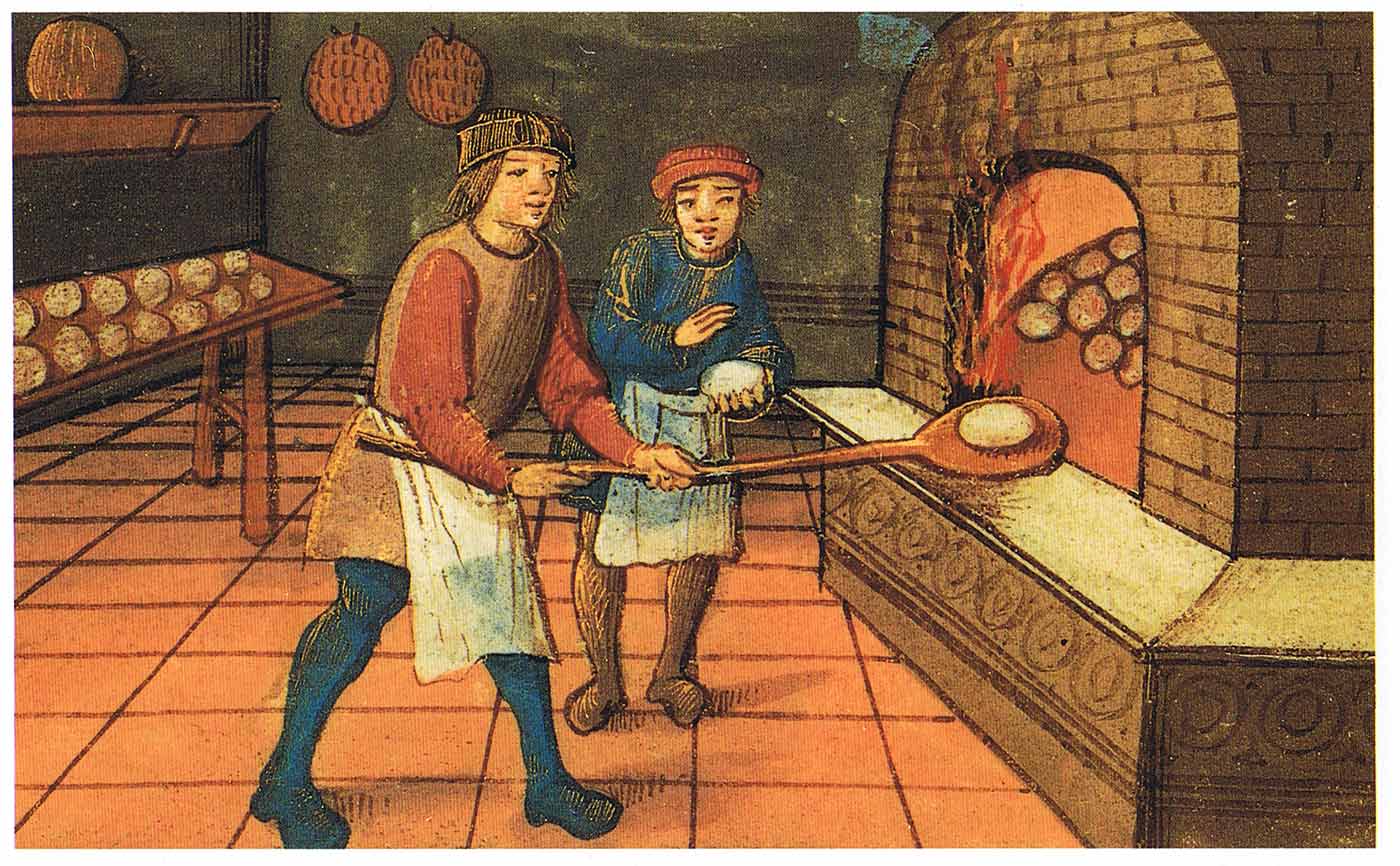 A medieval baker with his apprentice. The Bodleian Library, Oxford.