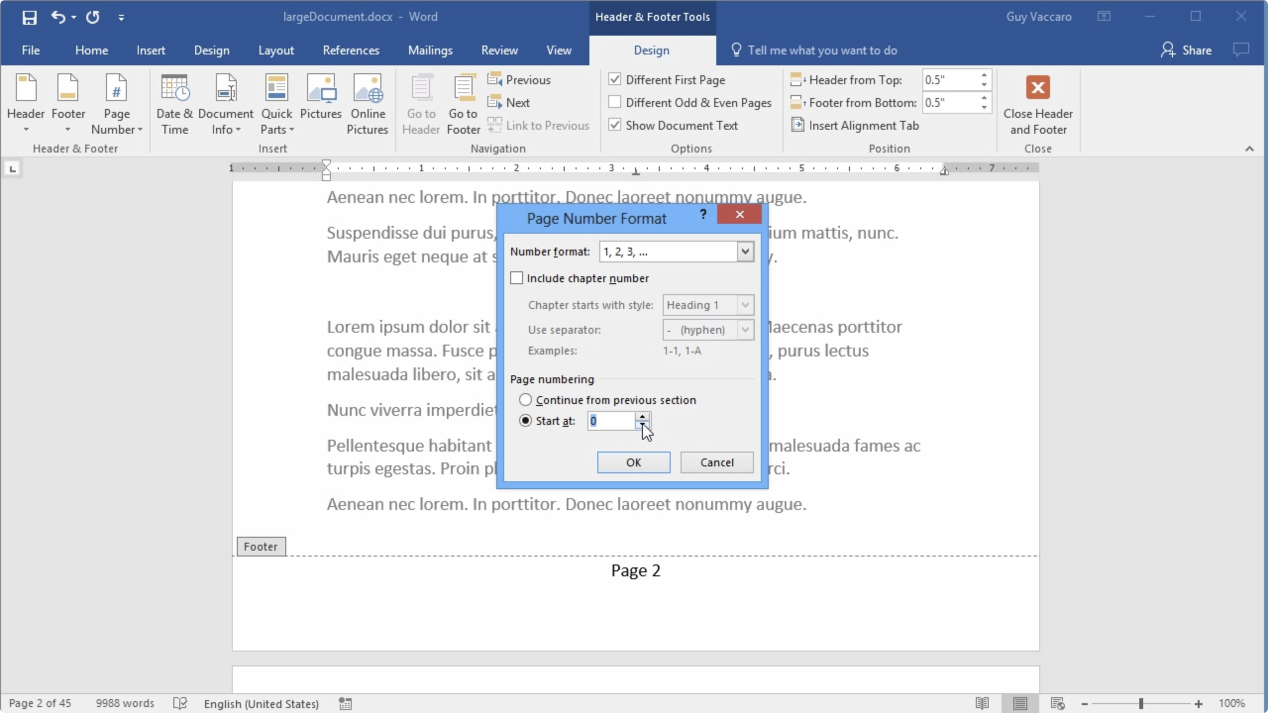 Screen from "How can I have different headers and footers on pages in my Microsoft Word 2016 document?"
