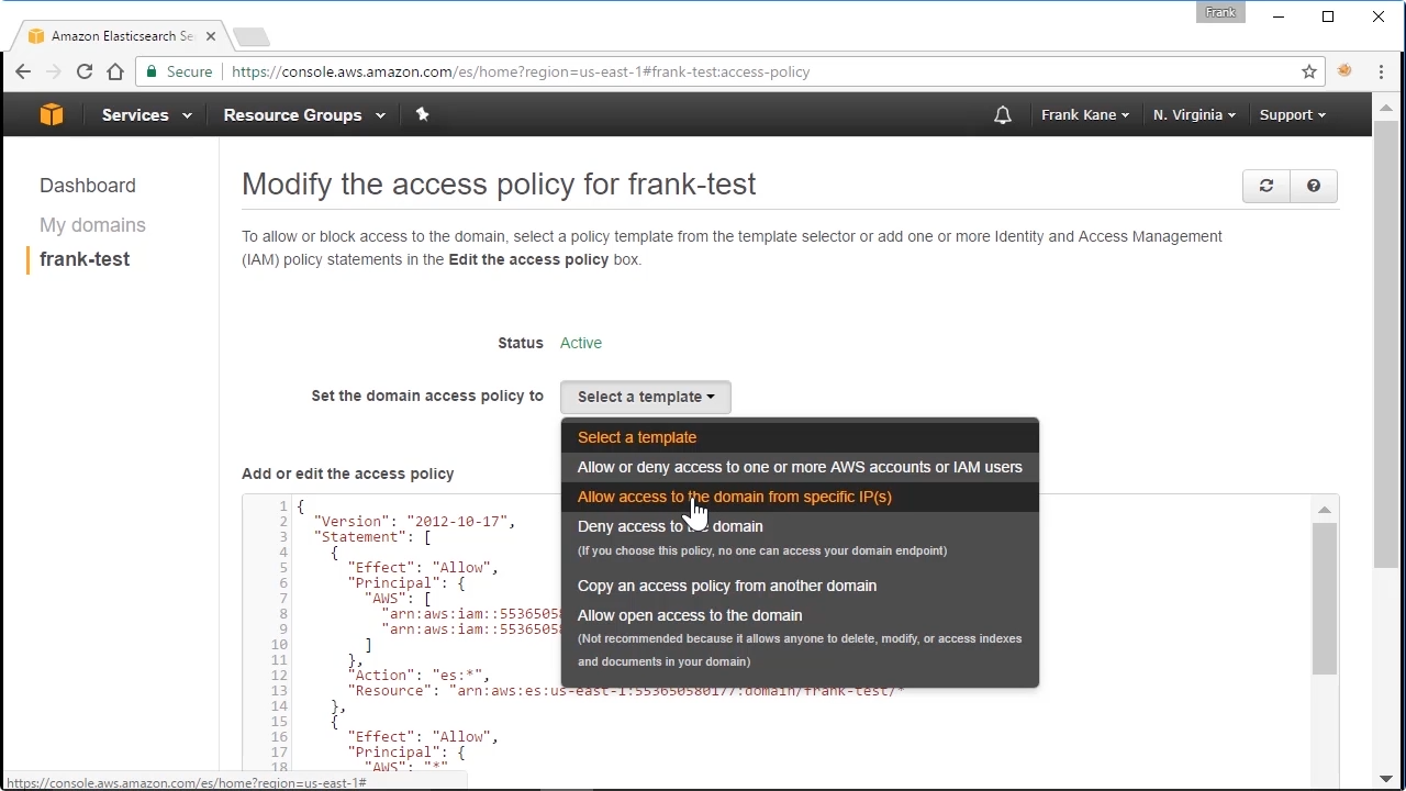 Screen from "How do I configure access policies within Amazon's Elasticsearch Service (ES)?"