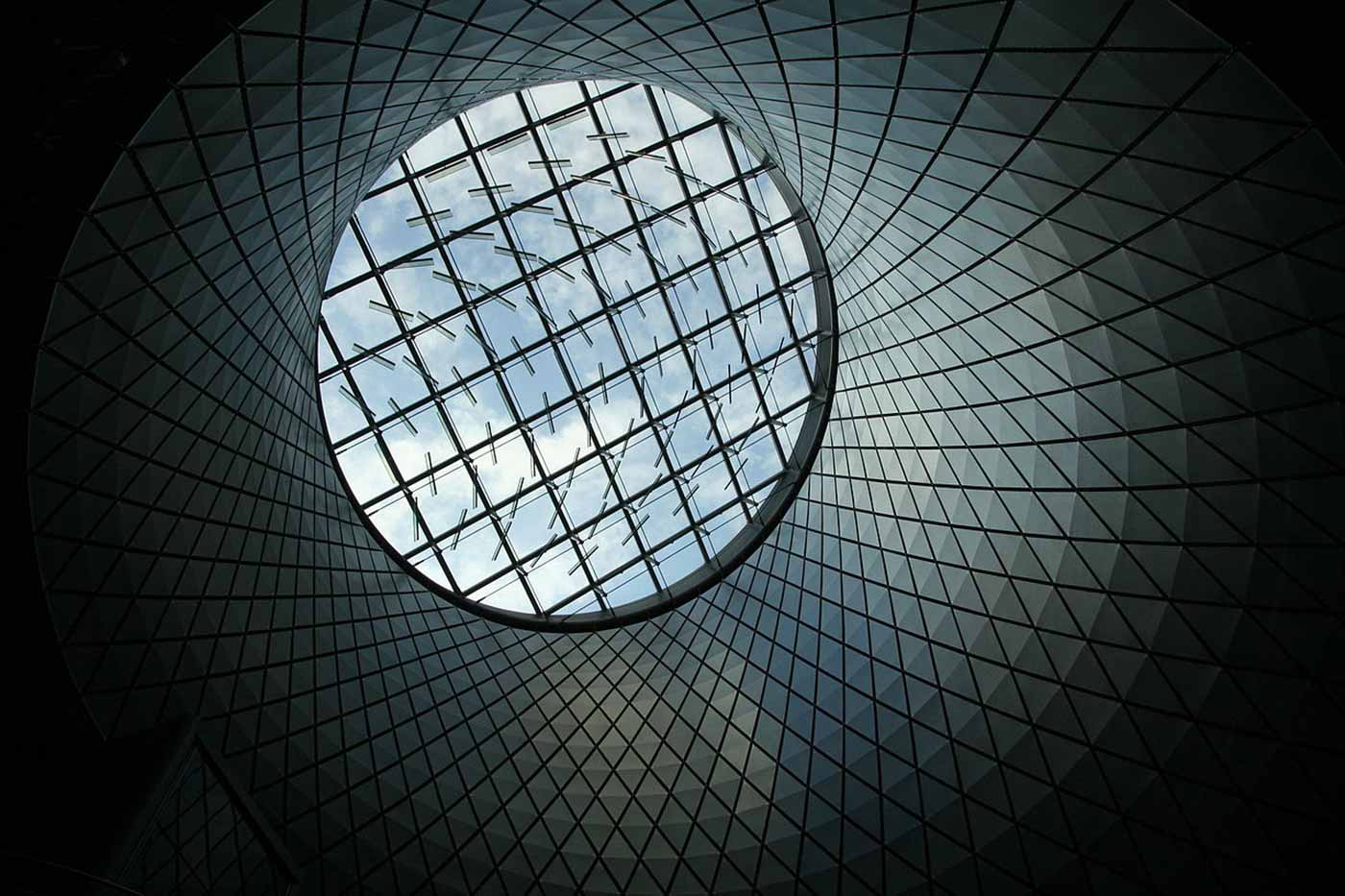 Looking up at the Sky Reflector-Net in the center of the Fulton Building in New York City.