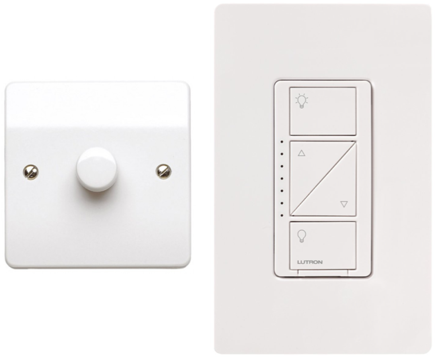 A conventional dimmer switch, and a connected dimmer; note the LED strip down the left, used to indicate dimming level (Image: Lutron).