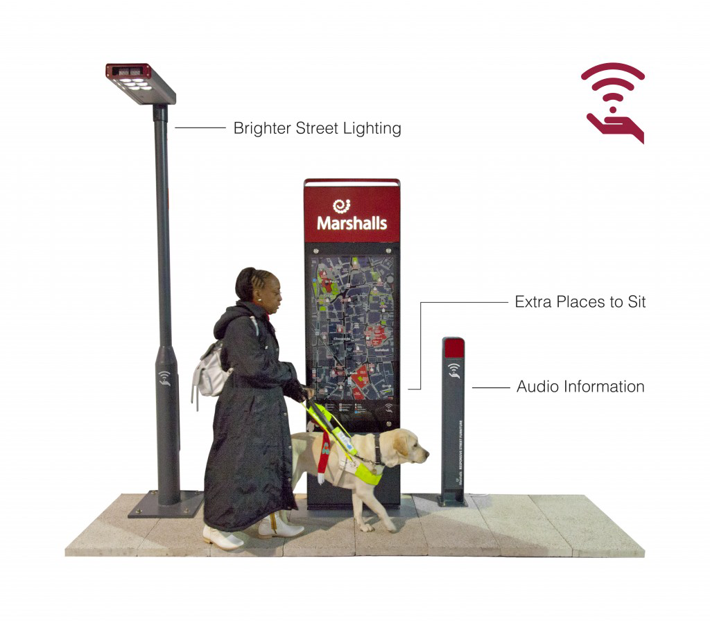 Adaptive street furniture design, using a smartphone or keyfob ID to identify the user’s additional needs to trigger adaptations in lighting, seating, and audio descriptions of the environment (image: Ross Atkin Associates for Marshalls).