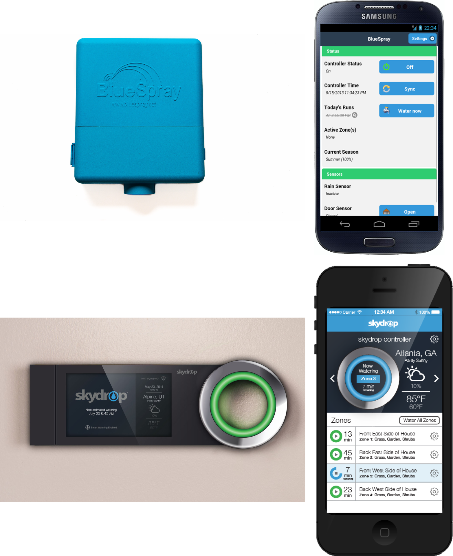All interactions with the Bluespray irrigation controller are handled via a smartphone app, while the skydrop has full controls on both device and smartphone app (images: Bluespray and skydrop).