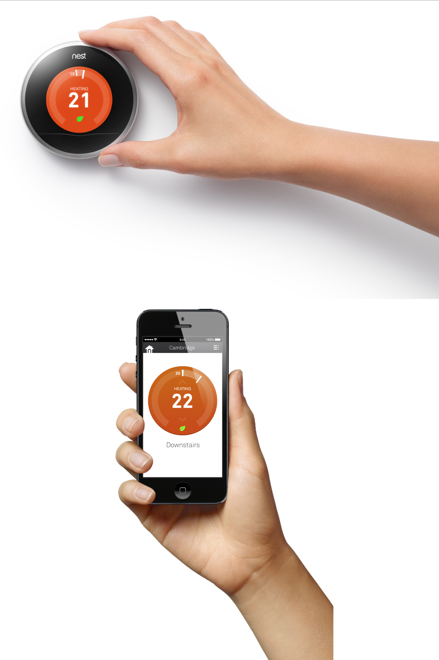 The Nest thermostat’s primary user input method is a rotating bezel. But the smartphone app is optimized for tapping: it does not simulate dragging a fake bezel. The thermostat and app use complementary visual styling—tapping the smartphone interface produces the same subtle “click” as rotating the bezel on the physical device. This helps the interfaces feel like part of the same family (images: Nest).