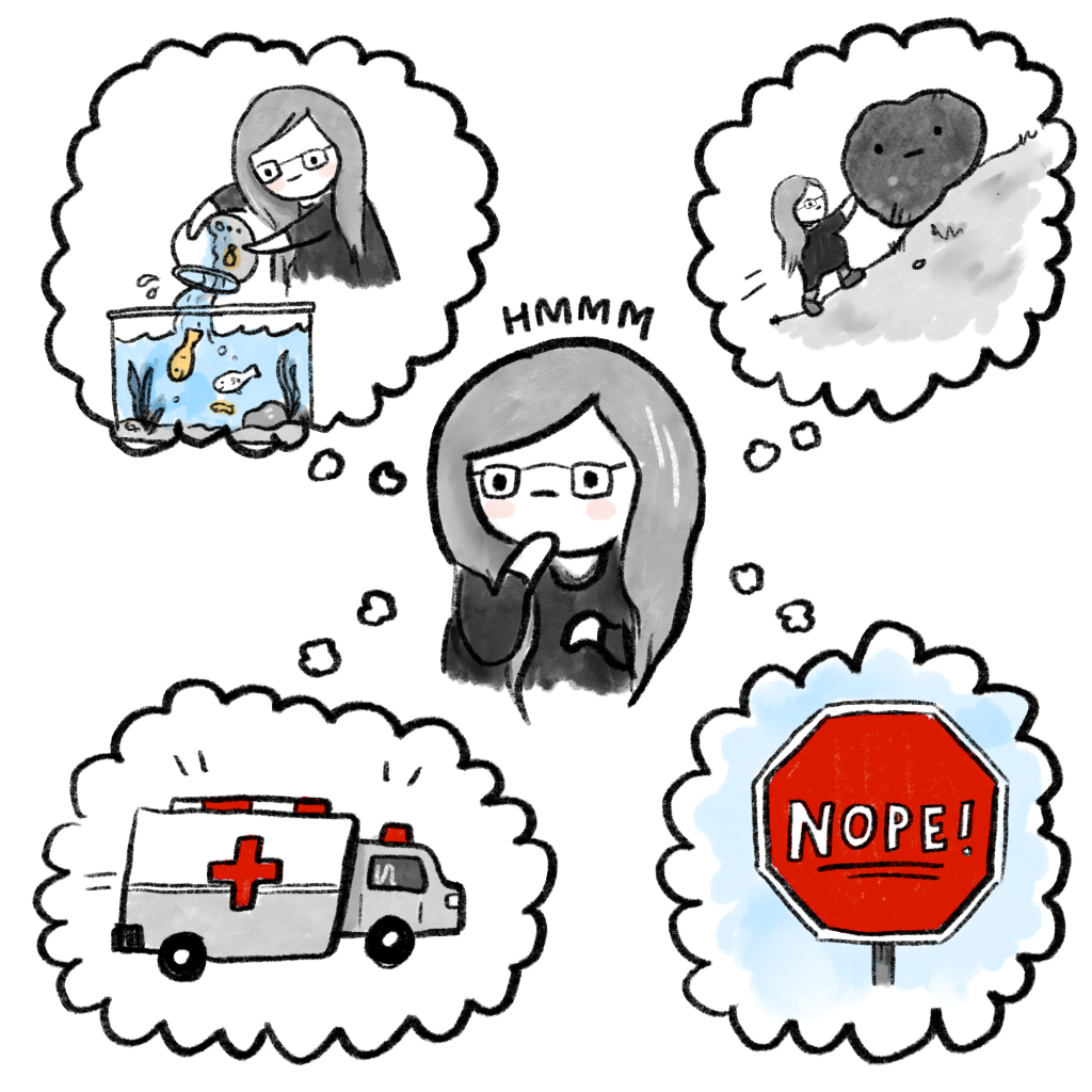 oncall Macey, looking thoughtful with 'hmmm' above her head, contemplates four possible mitigation options in thought bubbles. Clockwise from top left, the bubbles contain: Macey pouring a small fishbowl into a fishtank; Macey rolling a giant boulder up a hill; a big red stop sign with 'NOPE!' written on it; and an ambulance speeding away.