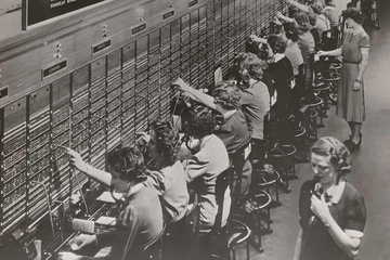 Photograph of Women Working at a Bell System Telephone Switchboard, circa 1945.