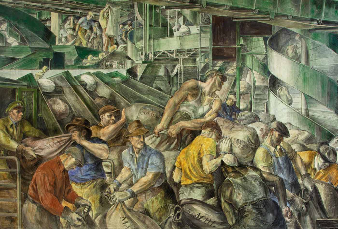 Photograph of mural "Sorting the Mail" by Reginald Marsh at the Ariel Rios Federal Building, Washington, D.C.