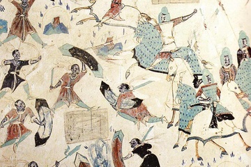 A depiction of the Avadana story of the Five Hundred Robbers showing soldiers wearing medieval Chinese armour, from Mogao Cave 285, Dunhuang, Gansu, China.